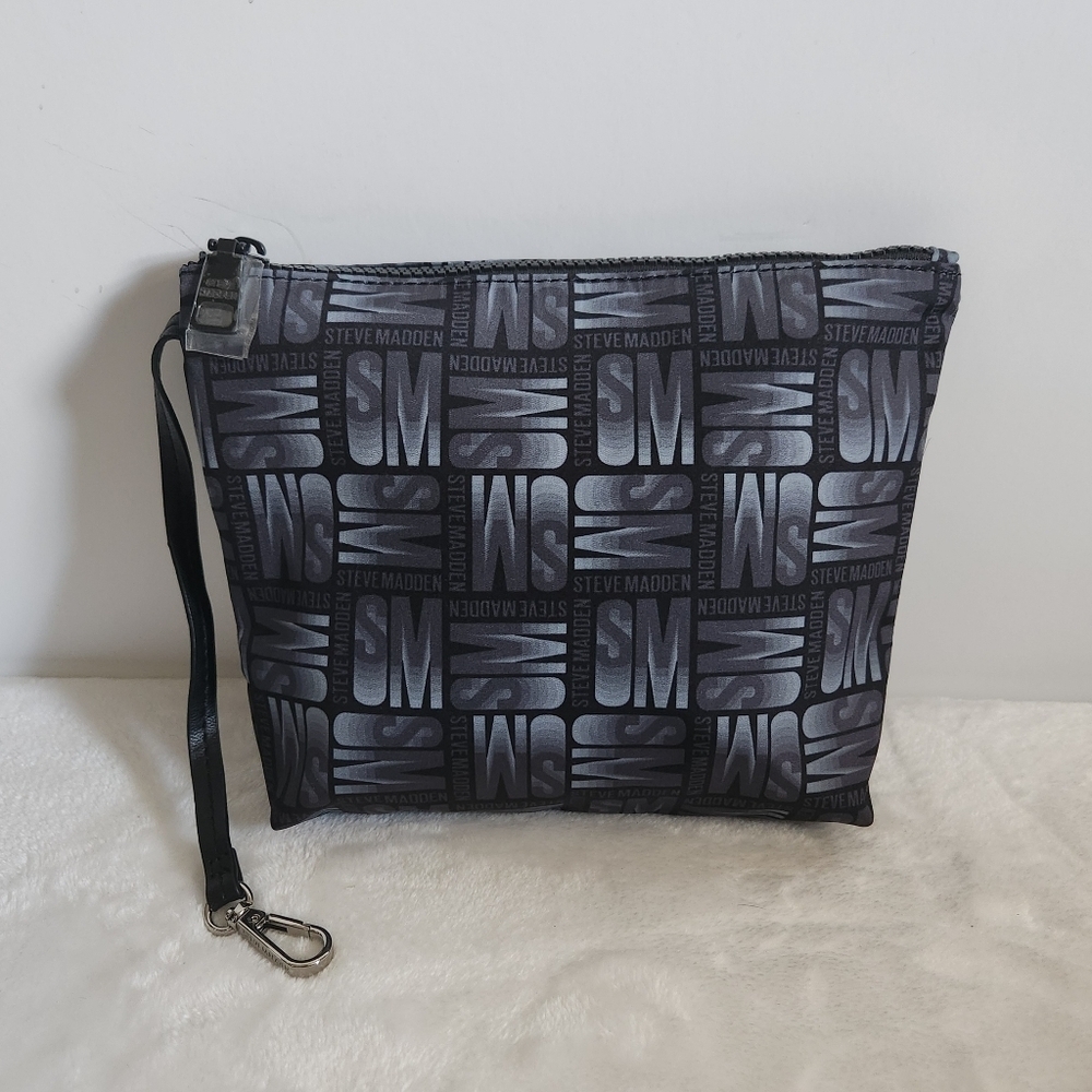 Steve Madden Black Gray Monogram Logo Pouch Bag - Picture 2 of 8